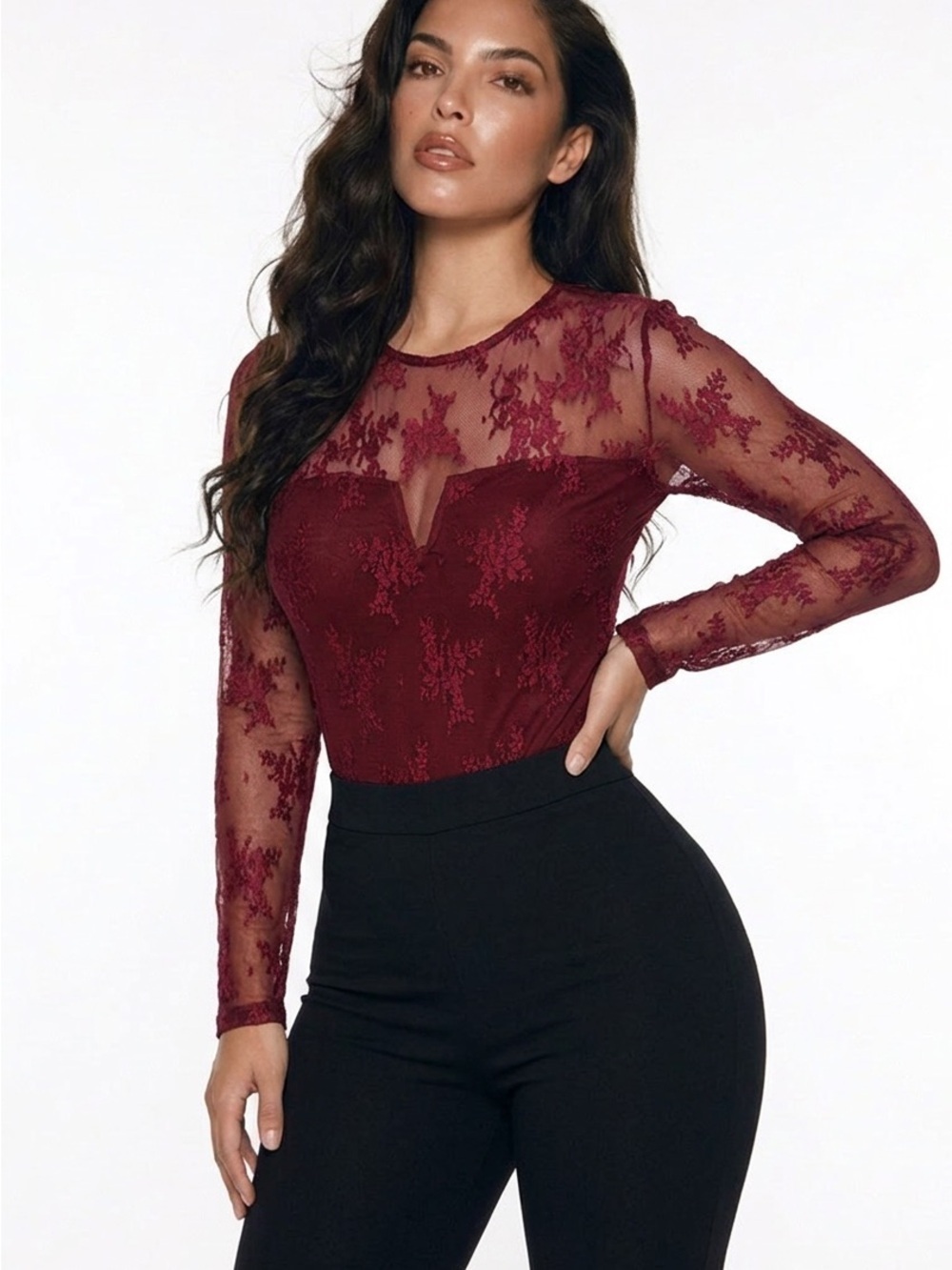 SO Burgundy Sheer Lace Long-Sleeve Bodysuit